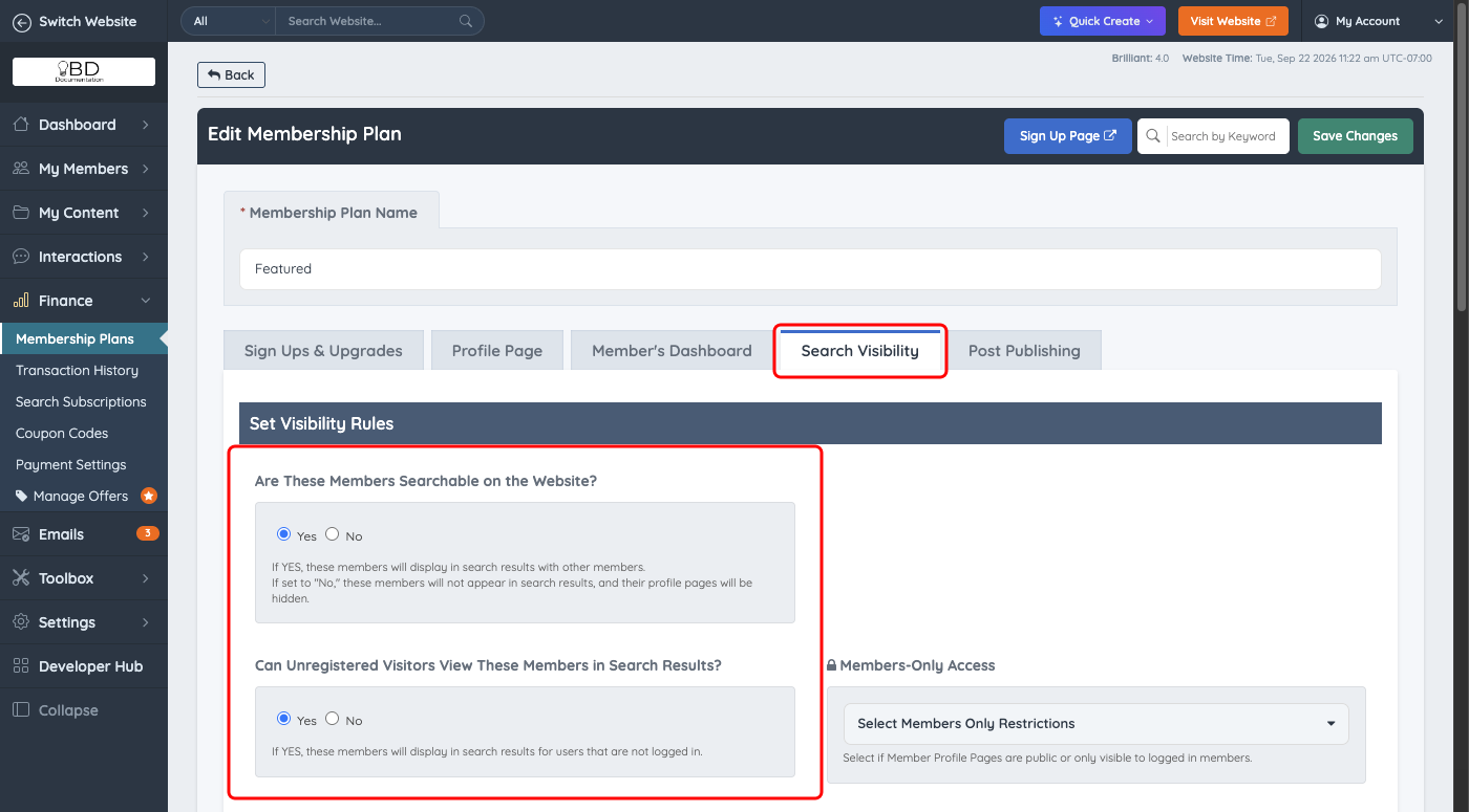Are These Members Searchable and Can Unregistered Visitors View These Members settings on the Search Visibility tab