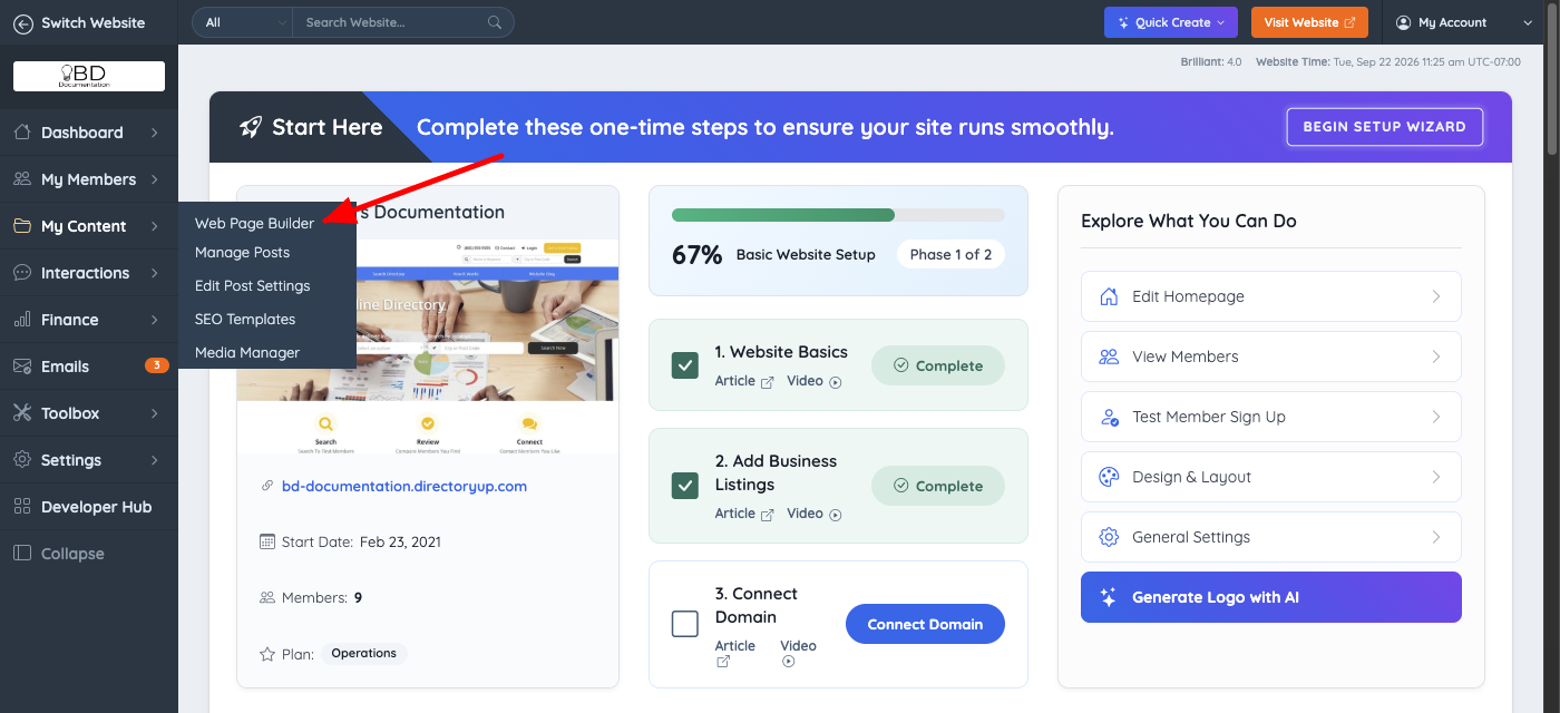 My Content menu open with Web Page Builder highlighted
