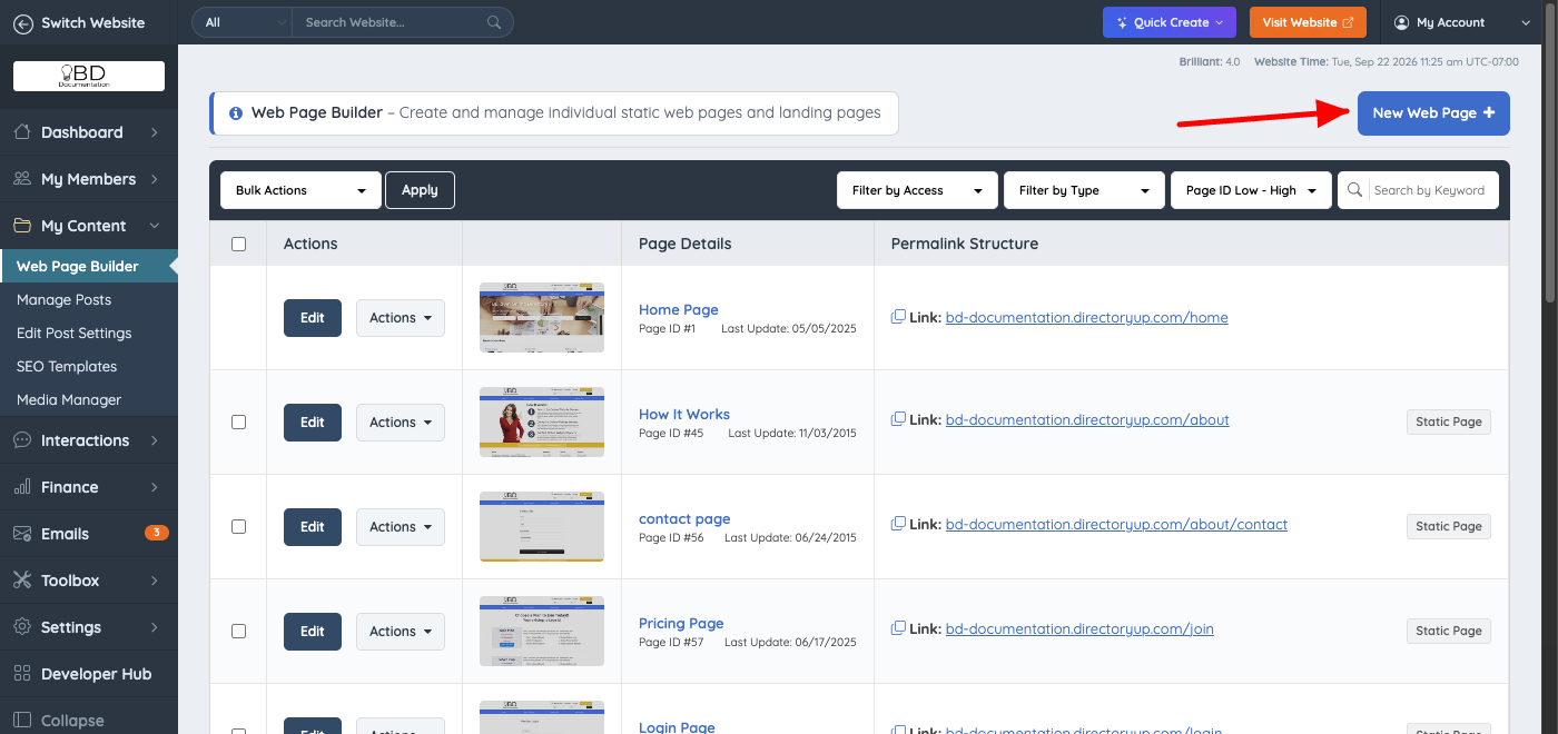 New Web Page button in the Web Page Builder