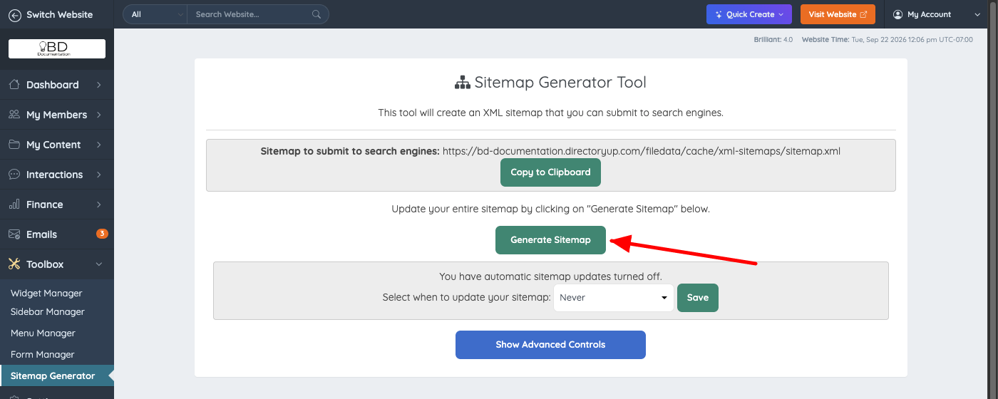 Generate Sitemap button in the Sitemap Generator Tool