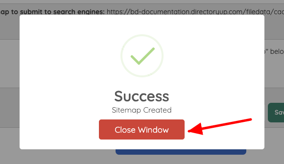 Sitemap Created success message with the Close Window button