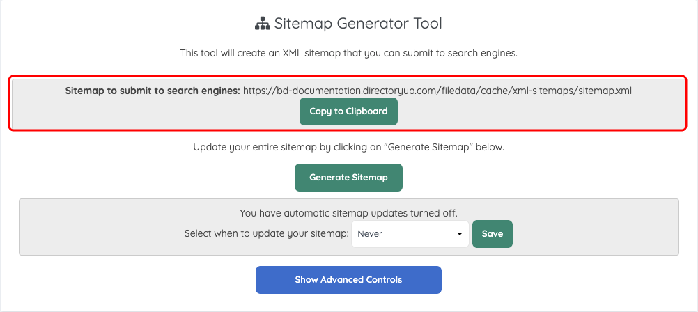 Sitemap link to submit to search engines with the Copy to Clipboard button