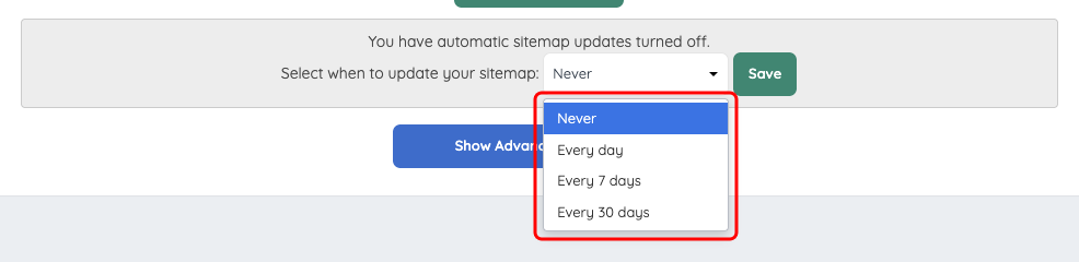 Automatic update options: Never, Every day, Every 7 days, Every 30 days