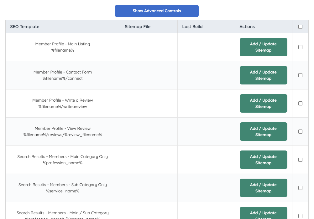 SEO Template list in Advanced Controls