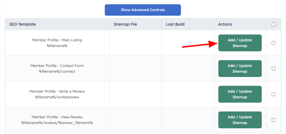 Add / Update Sitemap button for a single SEO Template