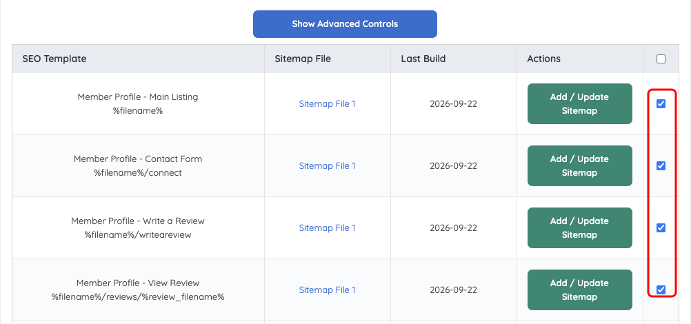 Checkboxes selected for several SEO Templates