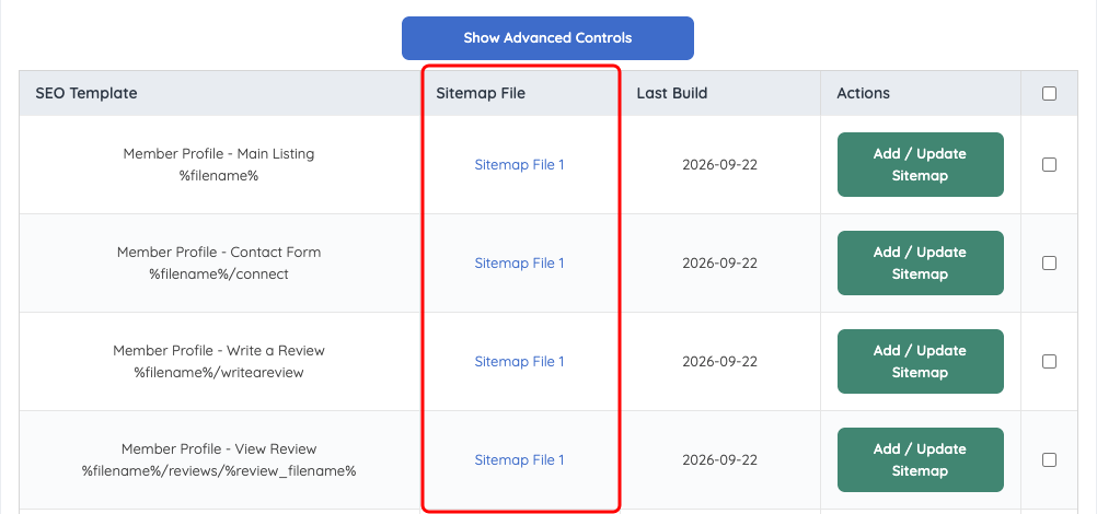Sitemap File links for each updated SEO Template