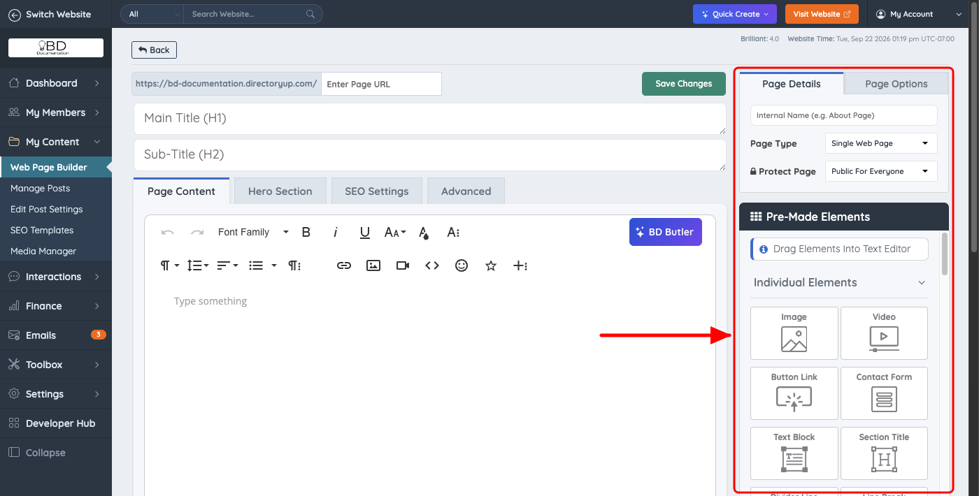 Page Details and Page Options tabs and Pre-Made Elements in the web page editor sidebar