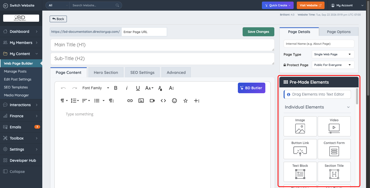 Pre-Made Elements panel in the web page editor