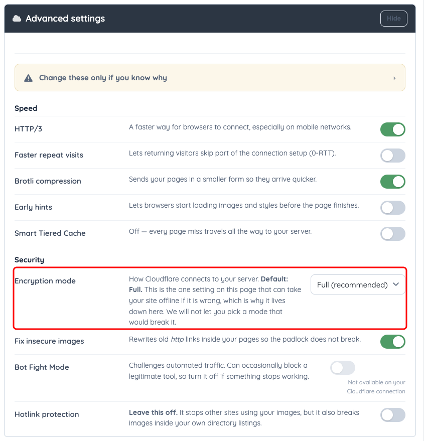 Advanced settings, with Encryption mode marked