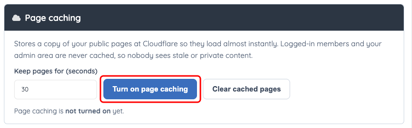 Page caching controls, with Turn on page caching marked
