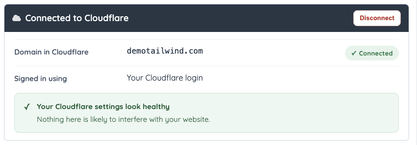 A successful authorization identifies demotailwind.com as the connected Cloudflare domain.