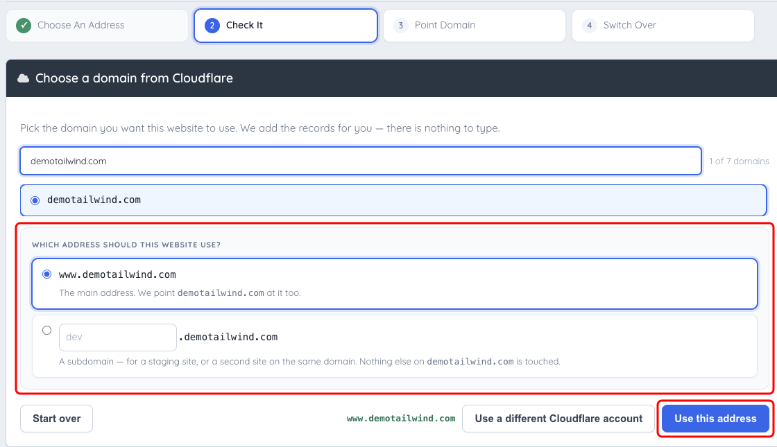 The Cloudflare connection wizard offers the main domain or a subdomain after authorization.