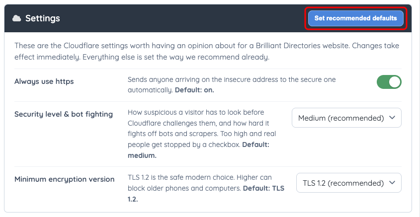 The Cloudflare Settings card showing the recommended values, with Set recommended defaults marked
