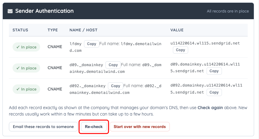 Sender Authentication records for the website, with Re-check marked