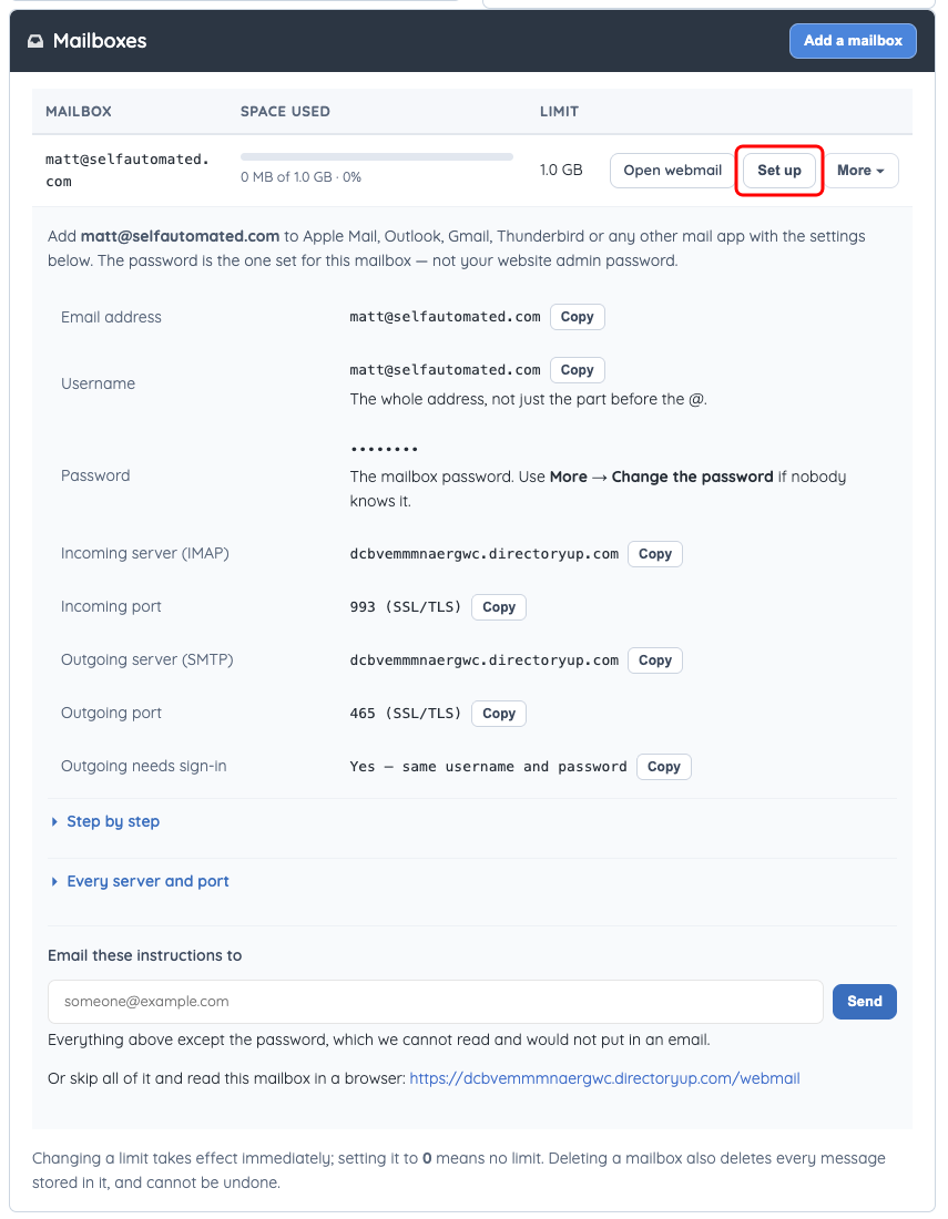 Set up expands the mail-client settings for the selected mailbox