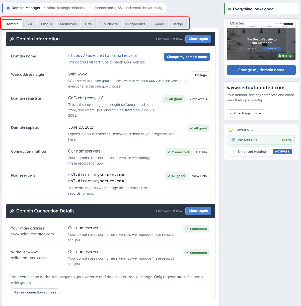 Domain Manager showing the full tab navigation and a GoDaddy-registered domain using Brilliant Directories nameservers.