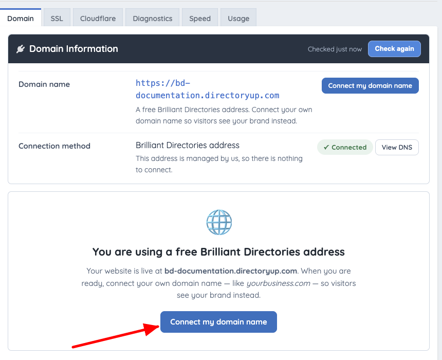 Domain Manager on a free directoryup.com address, with Connect my domain name marked