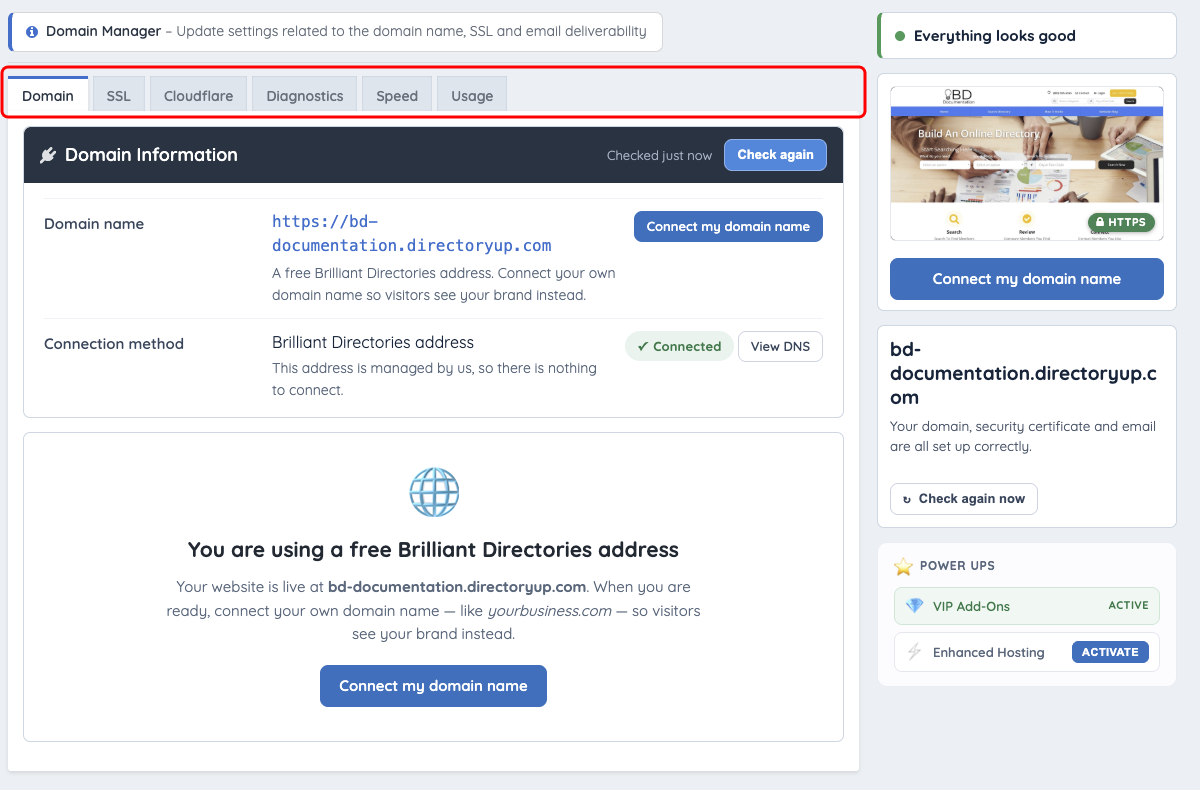 Domain Manager on a free directoryup.com address, with the tab row marked