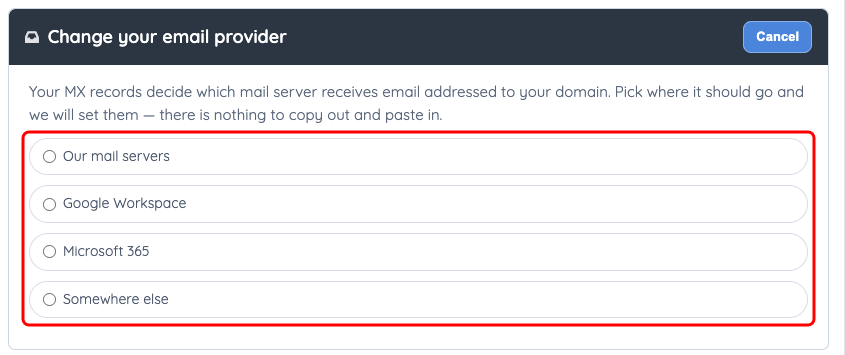 Change your email provider, with the four provider choices marked