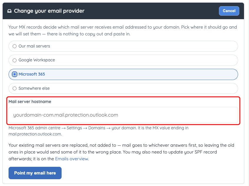The Microsoft 365 choice, with the Mail server hostname field marked