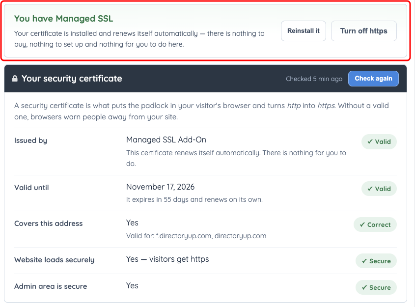 SSL tab on a free directoryup.com address, with the Managed SSL card marked