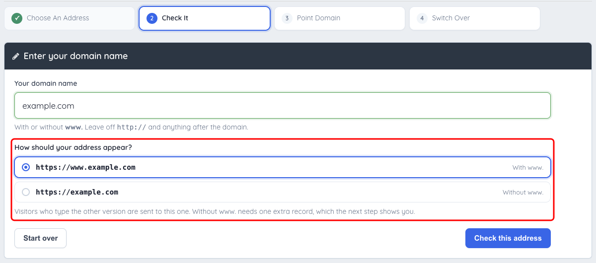 A root domain typed on the Check It stage, with the How should your address appear? choice