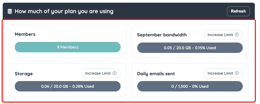 Usage tab with the member, bandwidth, storage, and daily email allowances marked