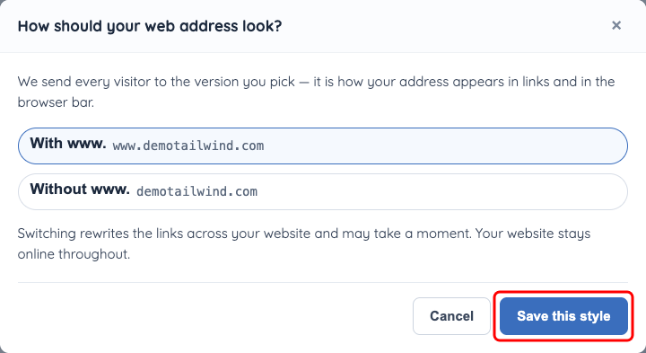 The Web address style dialog, with Save this style marked