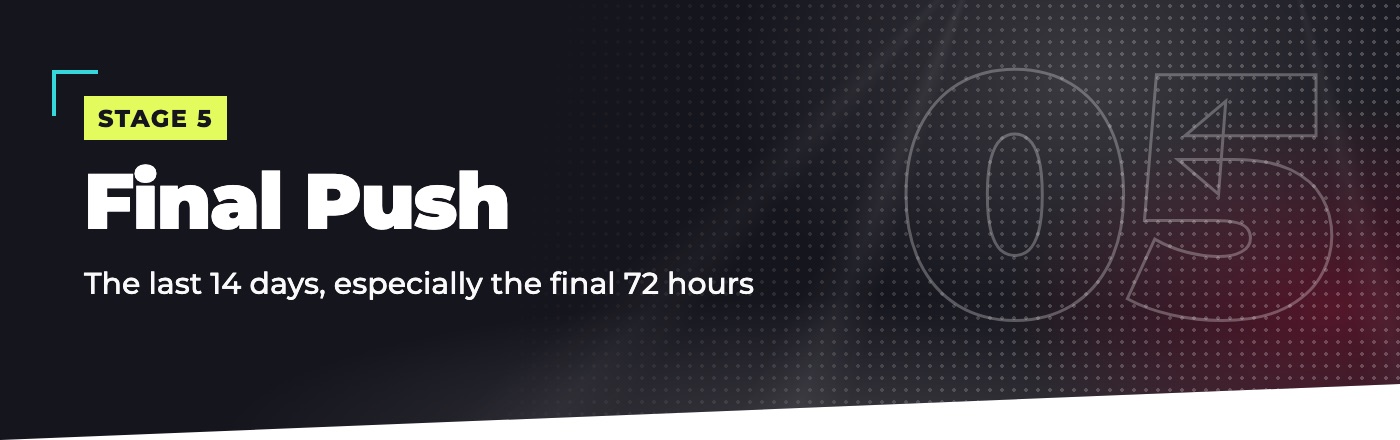 Stage 5: Final Push. The last 14 days, especially the final 72 hours.