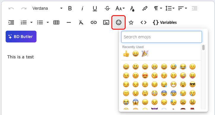 The Emojis button in the email template editor toolbar and the emoji picker with the Search emojis box and Recently Used section