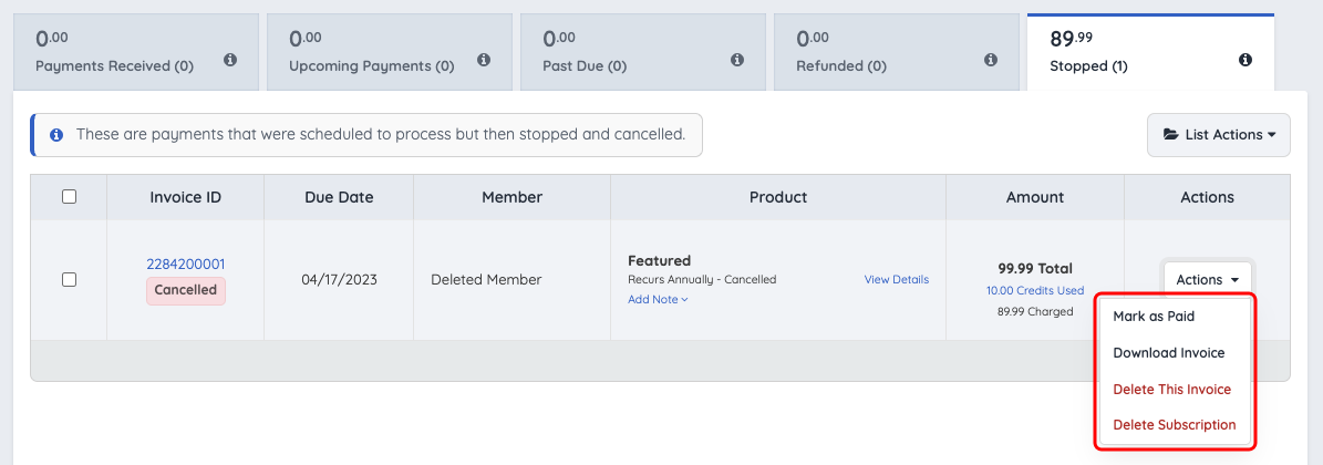 Stopped tab with a checkbox for each invoice and the Actions menu open for the first invoice