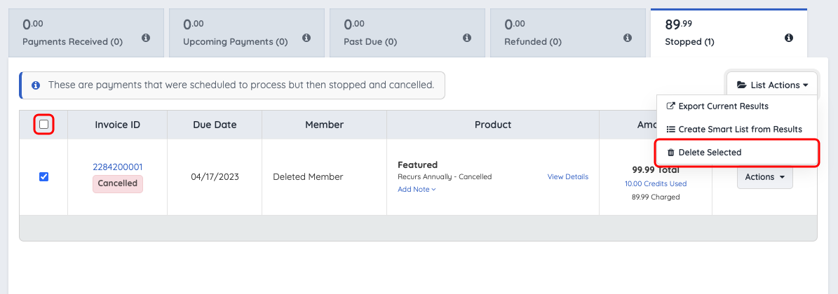 Stopped tab with an invoice selected and Delete Selected highlighted in the List Actions menu
