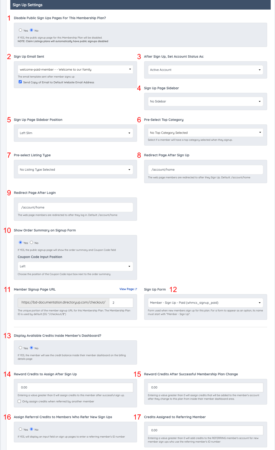 Sign Up Settings section of the membership plan with the settings numbered 1 to 17