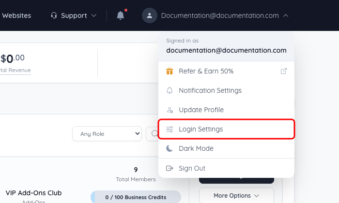 Account Dashboard admin menu with Login Settings highlighted