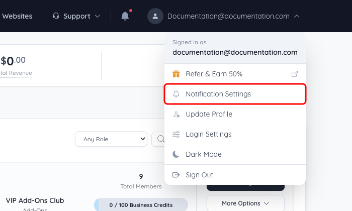 Account Dashboard admin menu with Notification Settings highlighted