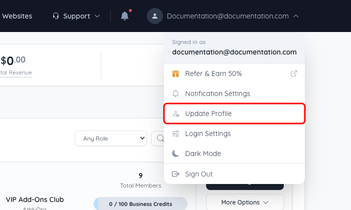 Account Dashboard admin menu with Update Profile highlighted