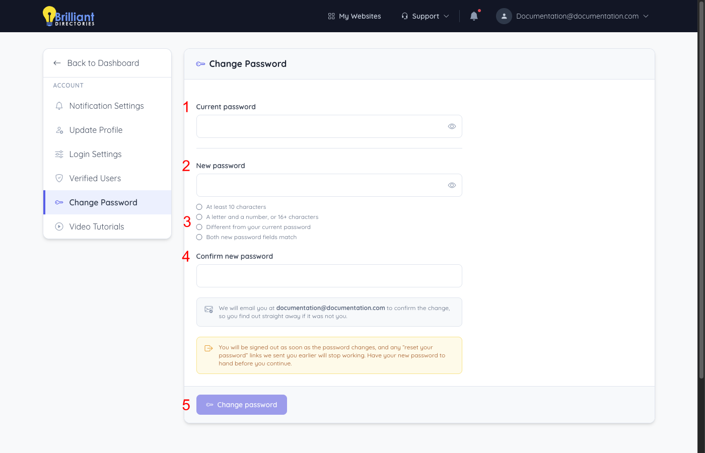 Change Password page with its fields numbered