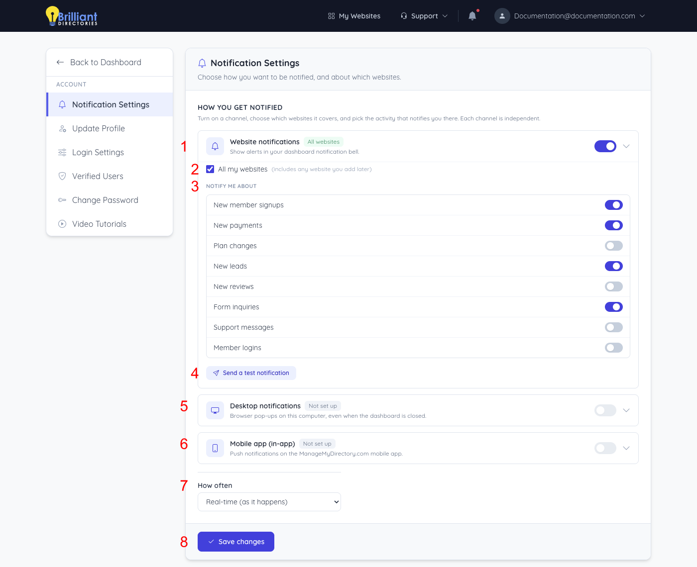 Notification Settings page with each setting numbered
