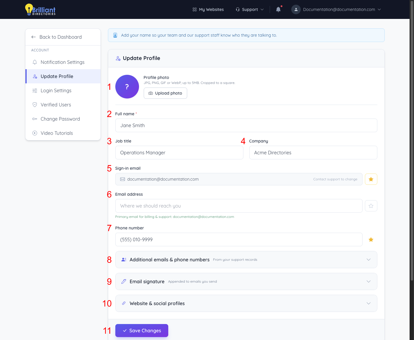 Update Profile page with each setting numbered