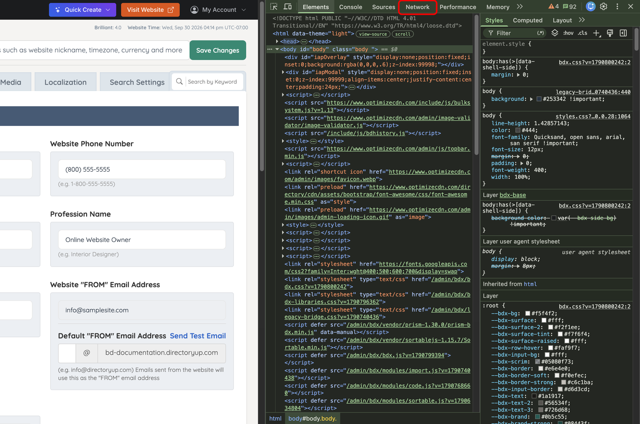 Chrome developer tools open on an admin page with the Network tab highlighted