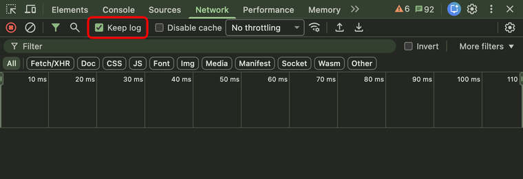 The Keep log checkbox ticked in the Chrome Network toolbar