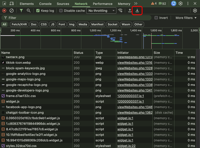 The Export HAR button in the Chrome Network toolbar, with the recorded requests listed below