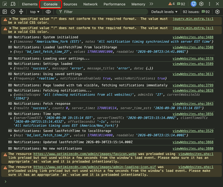 The Chrome Console tab showing the messages logged by the page