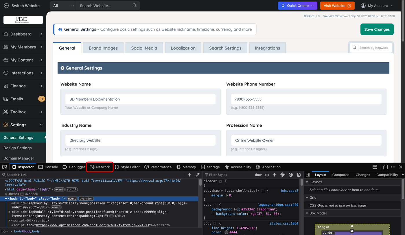 Firefox developer tools open on an admin page with the Network tab highlighted