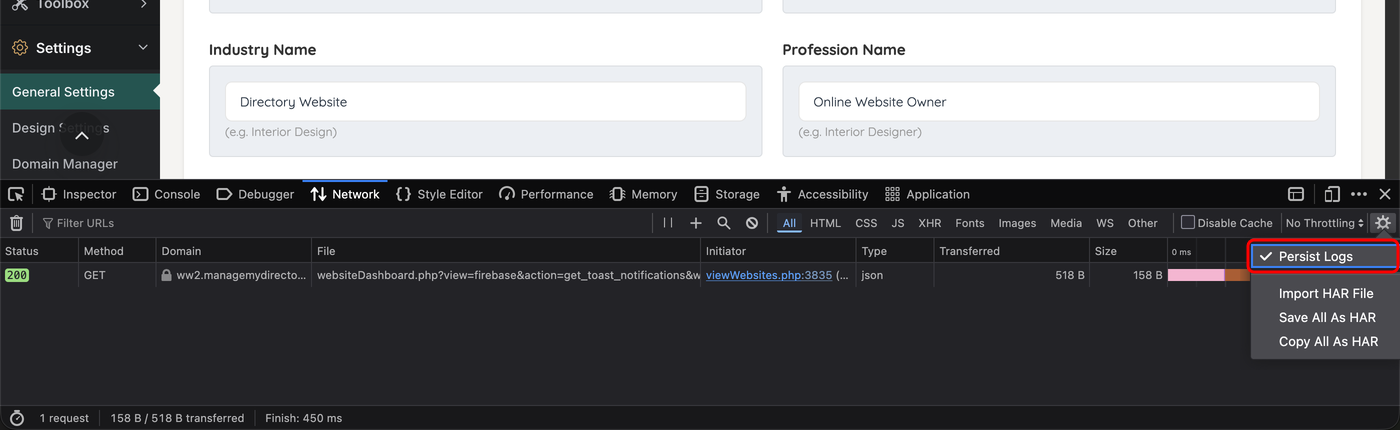 The Firefox Network settings menu with Persist Logs checked