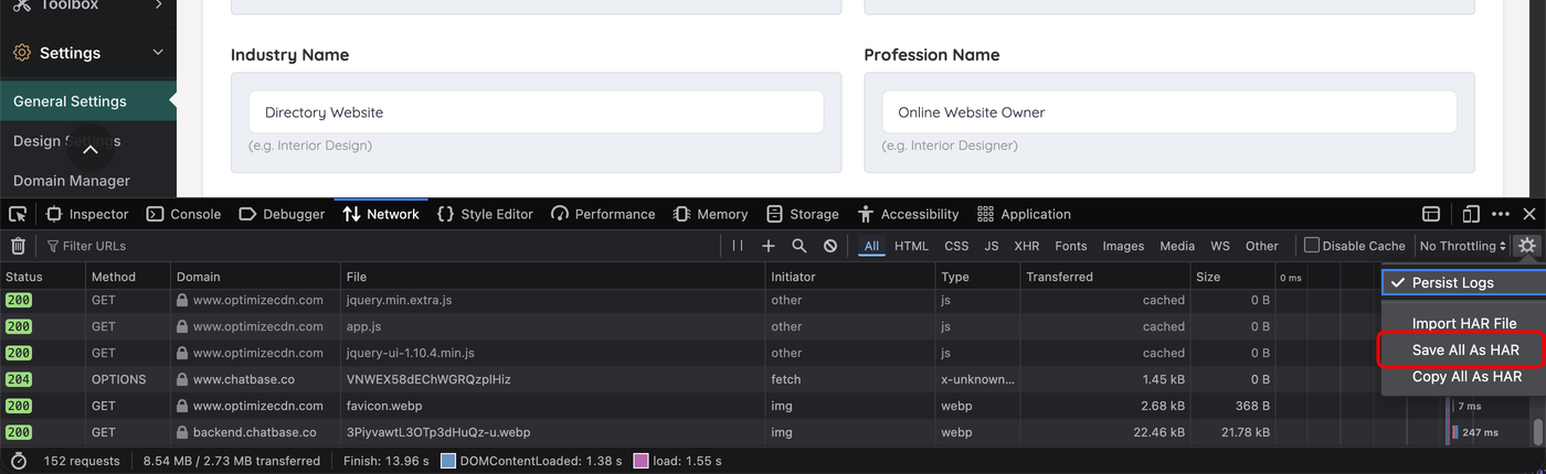 The Save All As HAR option in the Firefox Network settings menu
