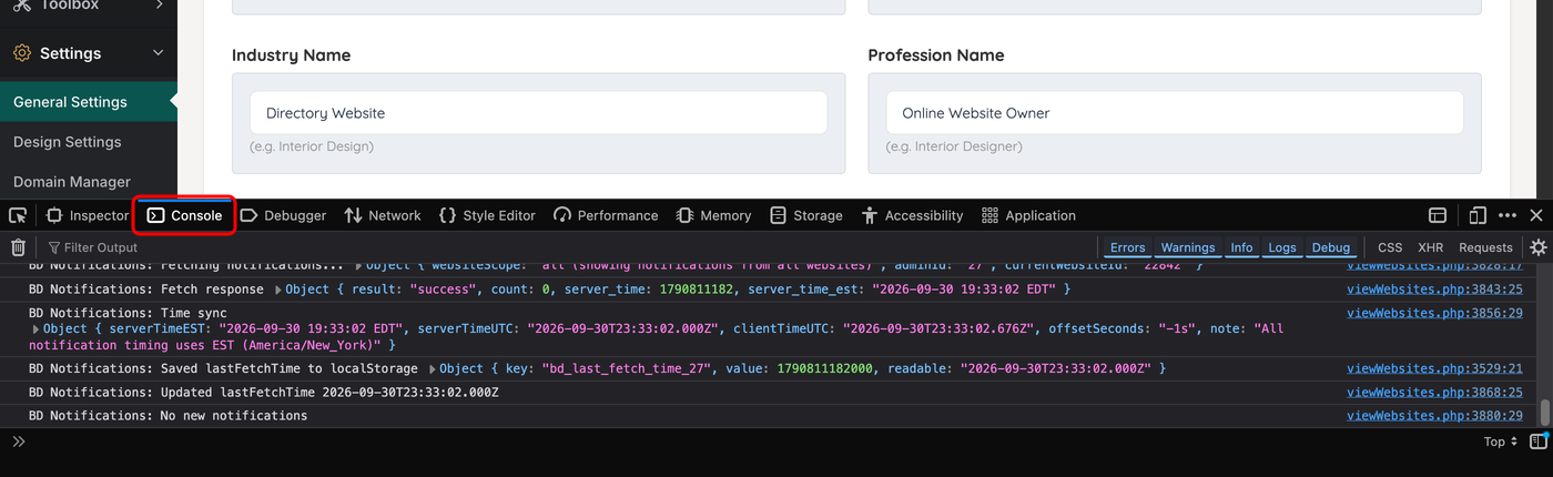 The Firefox Console tab showing the messages logged by the page