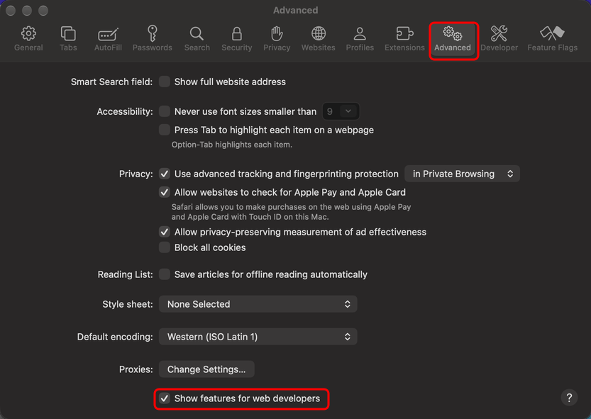 Safari Settings, Advanced tab, with Show features for web developers ticked