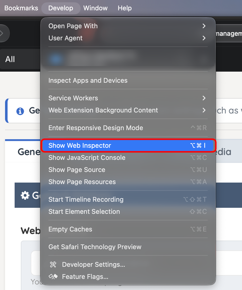 The Safari Develop menu with Show Web Inspector highlighted